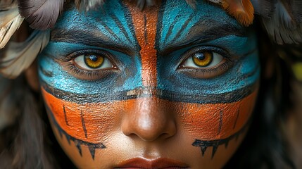 A tribal mask adorned with bright feathers and detailed engravings reflecting cultural symbolism