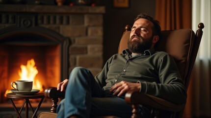 Fototapeta premium Relaxation break for national napping day enjoying rest by the cozy fire capturing the essence of comfort