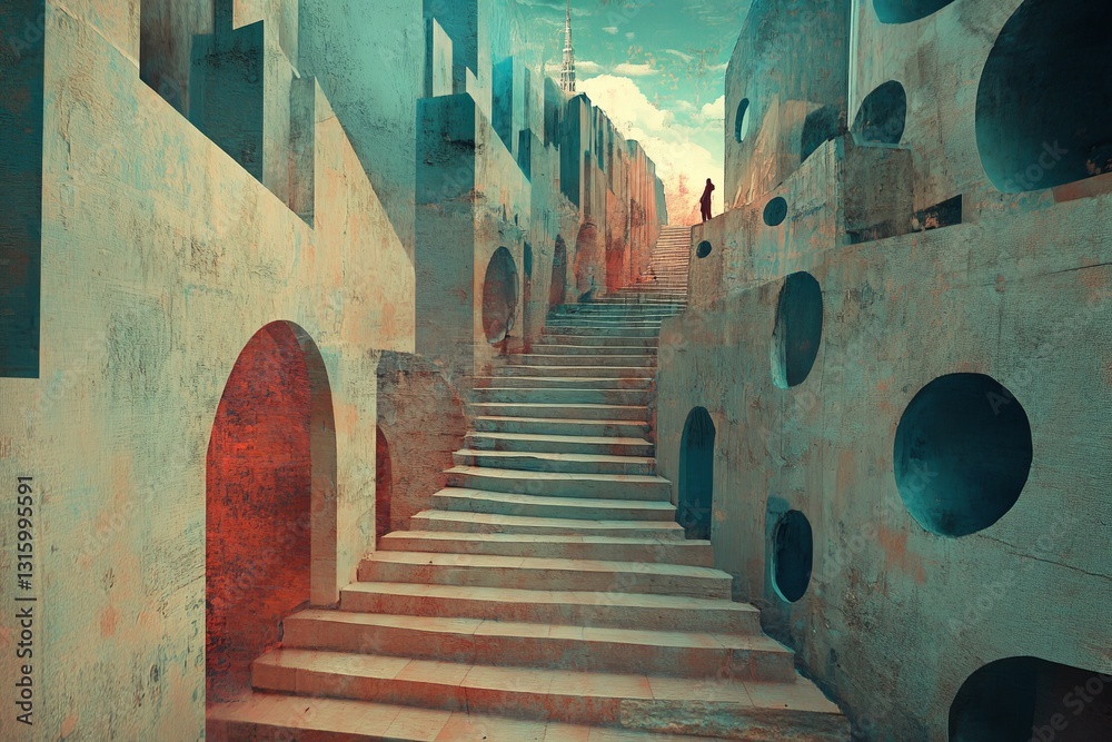 Poster unique abstract architecture featuring steps and circular forms. this image captures a mesmerizing b