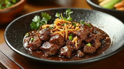 Tender braised beef dish garnished with crispy fried onions and served in a dark ceramic bowl.