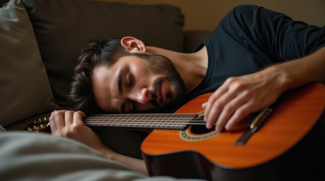 Relaxation and napping on national napping day a man's break with guitar in cozy home environment
