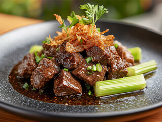 Spicy beef dish garnished with crispy fried onions and fresh green celery served on a black plate.