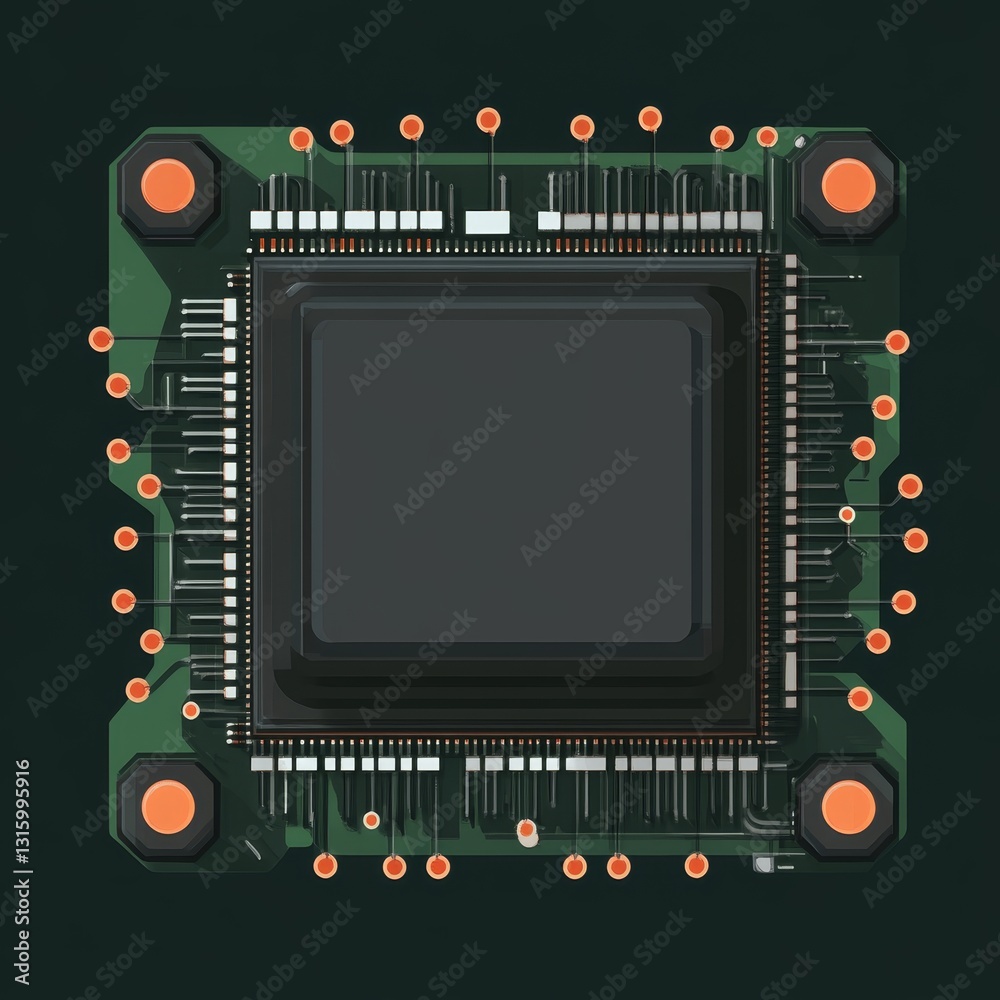 Poster this image features a microprocessor chip on a green printed circuit board, showcasing intricate des