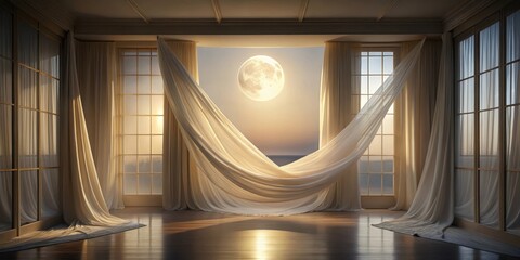 Obraz premium Serene interior with billowing curtains, sunlight, and a large moon visible through expansive windows