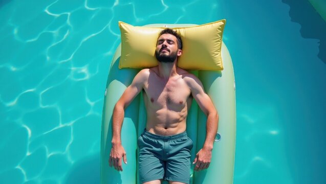 Relaxation break for national napping day man floating in pool serenity summer chill vibes