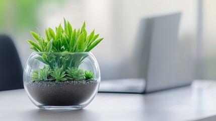 Fototapeta premium Lush green succulent arrangement in a glass vase on a desk with a laptop in a bright office setting