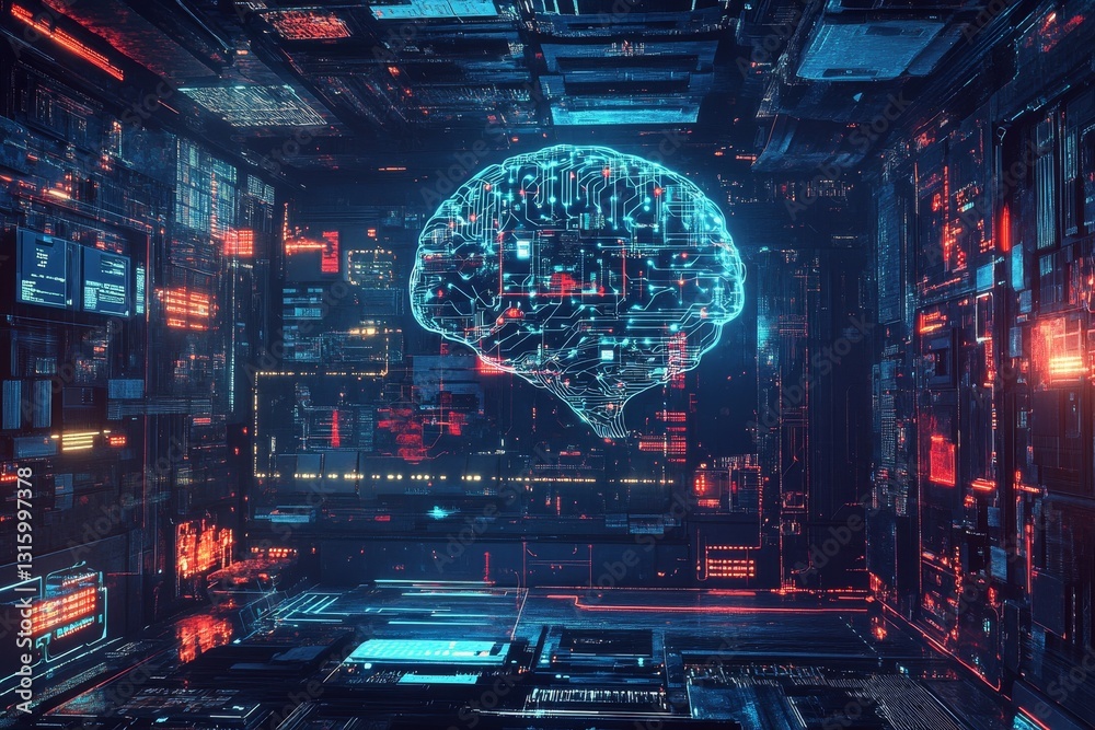 Poster a computer generated image of a brain with a red and blue background