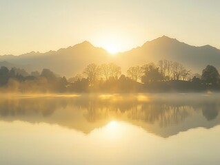 Fototapeta premium Serene Sunrise Over Peaceful Lake Surrounded by Majestic Mountains