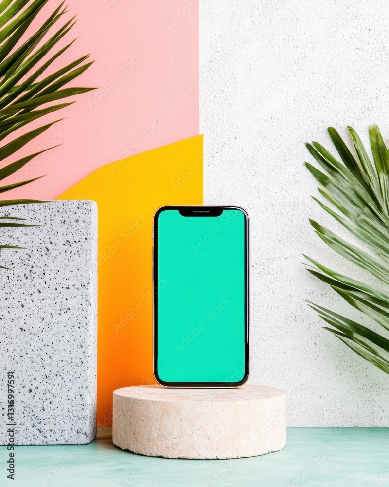 Poster modern digital minimalism vibrant green smartphone mockup with terrazzo texture - next-gen ui/ux des