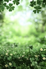 Fototapeta premium Serene Clover Meadow with Soft Bokeh Background and Gentle Sunlight Creating a Peaceful and Lucky Atmosphere for Spring Celebration