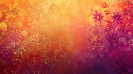 Obraz premium Abstract autumnal floral background with warm orange and purple hues, featuring blurred watercolor-like textures and subtle flower details.
