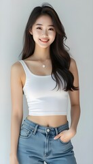 Portrait of a Cheerful Young Lady Standing with Hands in Pockets
