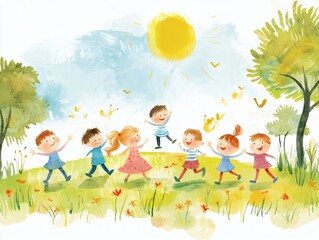 Children Playing in Sunny Green Meadow Watercolor Style