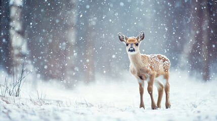 Fawn Standing in Snowy Forest during Winter Snowfall