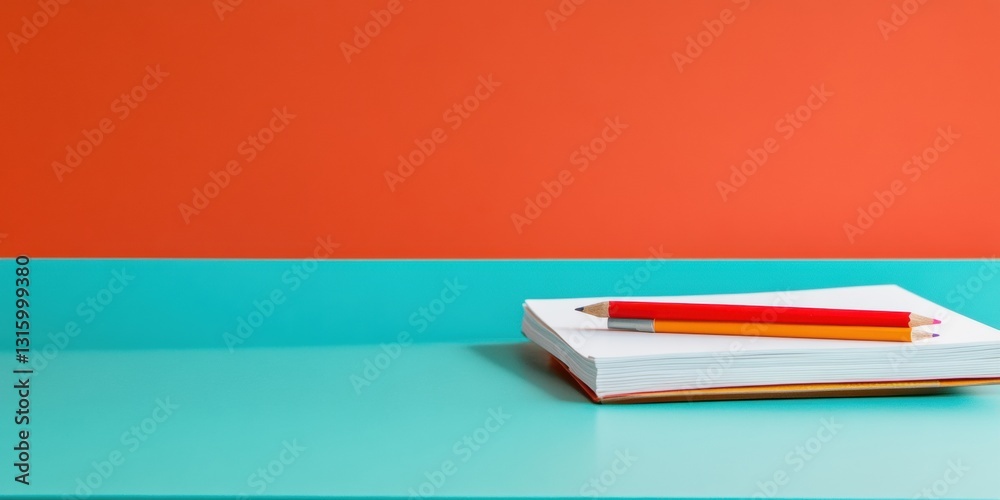 Poster Minimalist Workspace Essentials Vibrant Design Notebook with Bold Color-Block Backdrop - Creative Professional Productivity and Modern Aesthetic Inspiration
