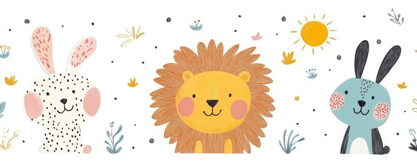 lion bunny, rabbit and sun cartoon drawing animal characters print pattern on plushie pillow or kids bedroom cushion decoration isolated on white png background cutout