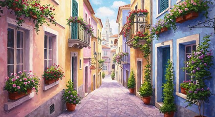 European Village Street in Bright Style Representing Idyllic Atmosphere