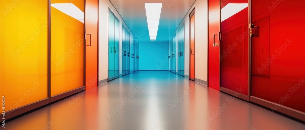 Poster Minimalist Laboratory Corridor Immersive Chromatic Research Environment Showcasing Cutting-Edge Scientific Workflow and Innovative Design Aesthetics in High-Performance Institutional Spaces