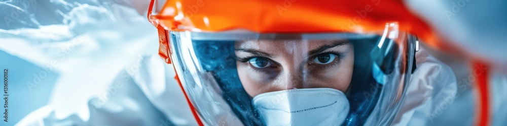 Poster precision science frontier next-gen research professional in high-performance ppe visualizing breakt