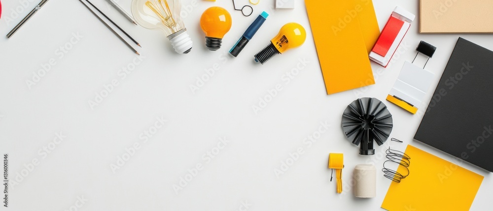 Poster minimalist innovation hub creative workspace design with vibrant yellow aesthetic, digital-first ide