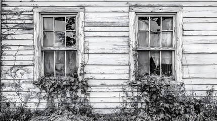 Two broken windows in an abandoned weathered house, overgrown with vines.