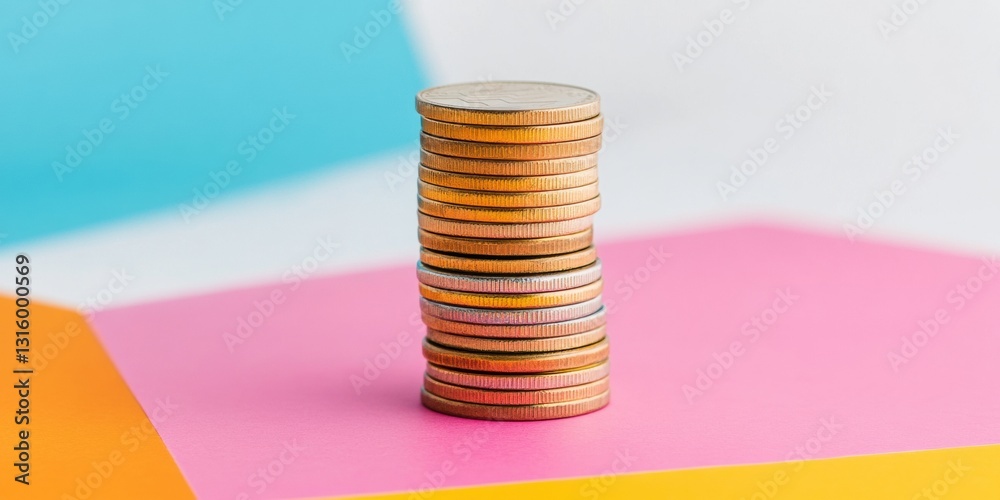 Aufkleber vibrant geometric financial growth visualization minimalist stacked coins on color-block surface sym