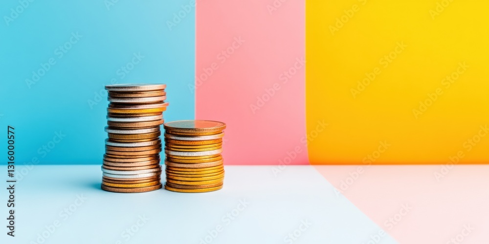 Poster minimalist financial growth visualization vibrant color-block investment strategy with stacked metal