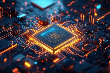 Abstract rendering of a high-tech circuit board highlighting a glowing microchip surrounded by futuristic digital patterns and sophisticated technology visuals