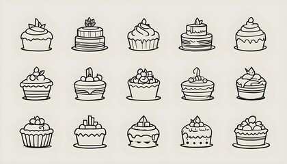 A simple set of black line icons featuring cake and dessert designs, perfect for vector-based illustrations and minimalist graphics.