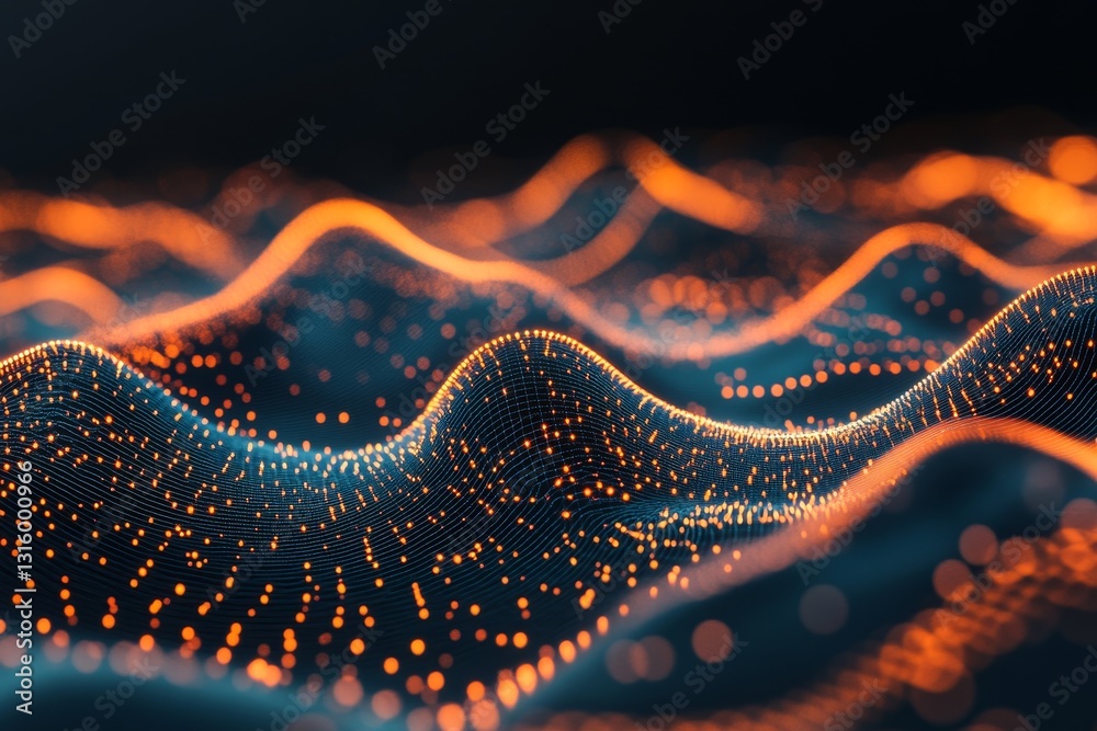 Poster the image is a computer generated image of a wave with orange and blue colors. the wave is made up o
