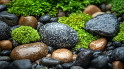 A close-up of moss-covered pebbles, showing the contrast between the smooth stone and the soft, green moss growing on it 