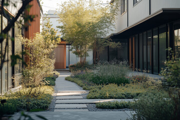 Obraz premium Architecture design of garden with tree among building, Selective focus growth tree among building with shady and cozy vibe, Exterior design of garden in big city, Japanese style garden decoration.