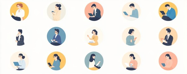 Business people, business work, job positions. Set of 25 simple, circle shaped, flat style business  illustrations