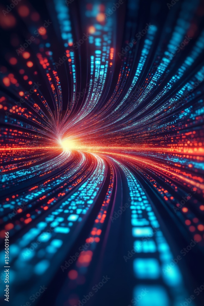 Poster dynamic abstract image showcasing a swirling stream of blue and orange light, representing data flow