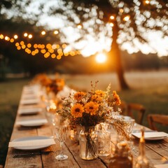 Golden Hour Garden Gathering Rustic Outdoor Dining Experience with Warm String Lights and Wildflower Tablescapes - Intimate Social Wellness Trend for Modern Entertaining