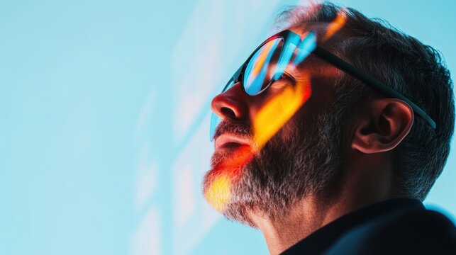 Immersive XR Experience Futuristic Tech Portrait of Mid-Career Professional Exploring Augmented Reality Innovations in Dynamic Chromatic Lighting