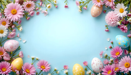 Happy Easter. Congratulatory easter background. Easter eggs and flowers. Background with copy space. Selective focus