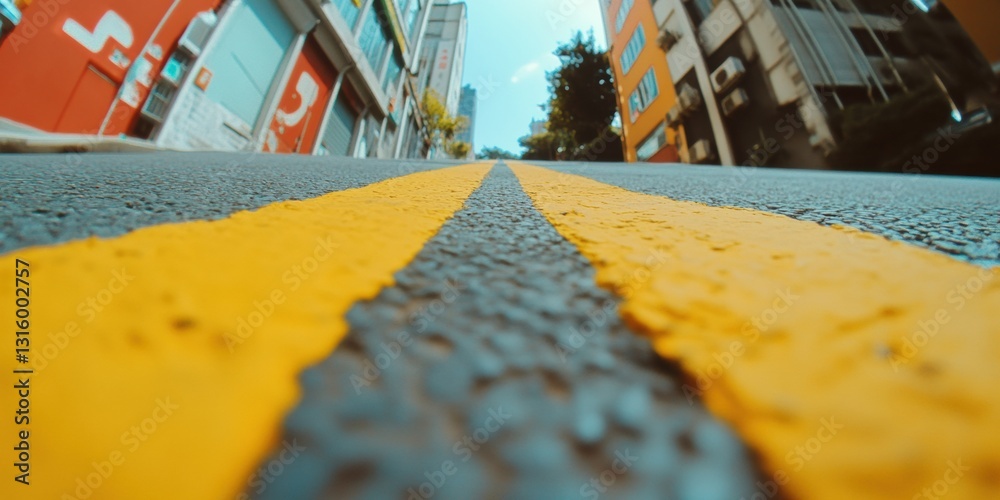 Poster Urban Minimalism Immersive Street Perspective with Geometric Yellow Lines - Digital Wayfinding and Spatial Design Exploration for Modern Infrastructure Innovation
