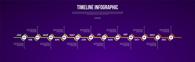 timeline template infographic with full month circle line up and down with 12 point dark background style for slide presentation