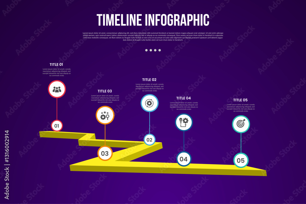 Wall mural timeline template infographic with 3d roadway with circle point standing with 5 point dark backgroun