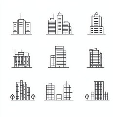 Cities and city buildings, a set of icons in a linear design. Urban cityscape, office and apartment buildings. lines with editable stroke