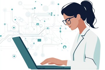 Female specialist focused on using her laptop to develop innovative solutions for electronic circuit boards and artificial intelligence.
