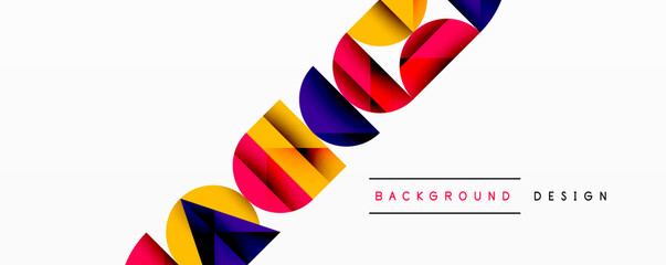 Abstract geometric background with layered gradient shapes forming dynamic patterns. Overlapping semi circles and triangles create depth and contrast