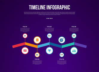 timeline template infographic with up and down circle on line with ribbon style with 5 point dark background style for slide presentation