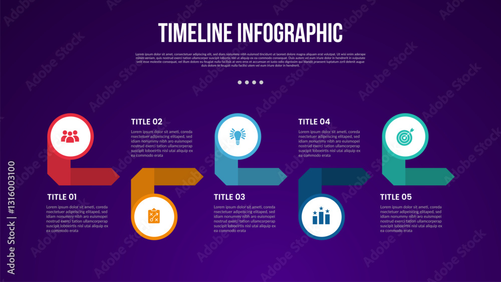 Canvas Prints timeline template infographic with big circle and flipped ribbon with 5 point dark background style 