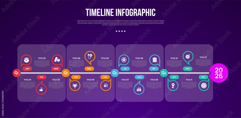 Wall mural timeline template infographic with quarters section part with 12 month point on callout dark backgro