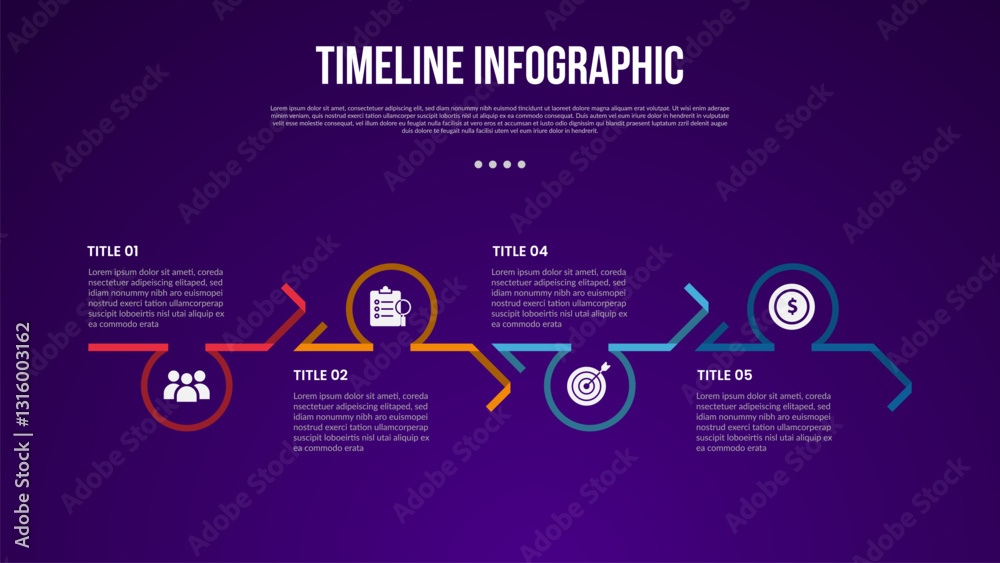 Wall mural timeline template infographic with open circle on ribbon line up and down with 5 point dark backgrou