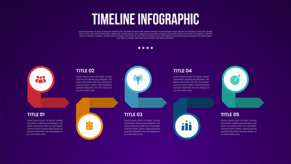 Naklejka premium timeline template infographic with big circle and flipped ribbon with 5 point dark background style for slide presentation