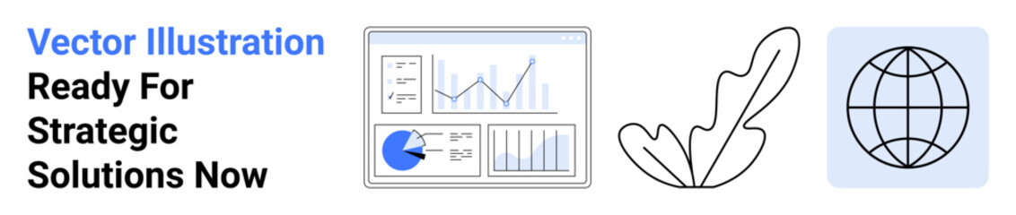 Analytical dashboard with graphs, leaf icon symbolizing sustainability, and globe representing global strategy. Ideal for business, analytics, sustainability, environmental goals, global