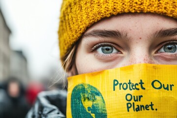 Climate Activism Close-Up Gen Z Youth in Vibrant Knit Beanie Advocating Sustainable Future with Powerful Global Environmental Message